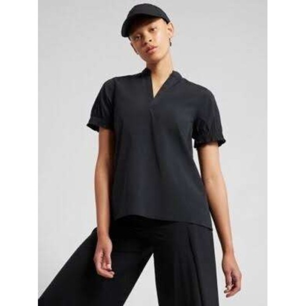 Athleta Levitate Poplin Tee Black V-Neck Smocked Puff Sleeve Top XL 798890